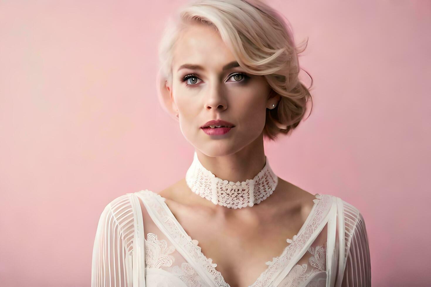 a woman in a white dress with a choker. AI-Generated photo