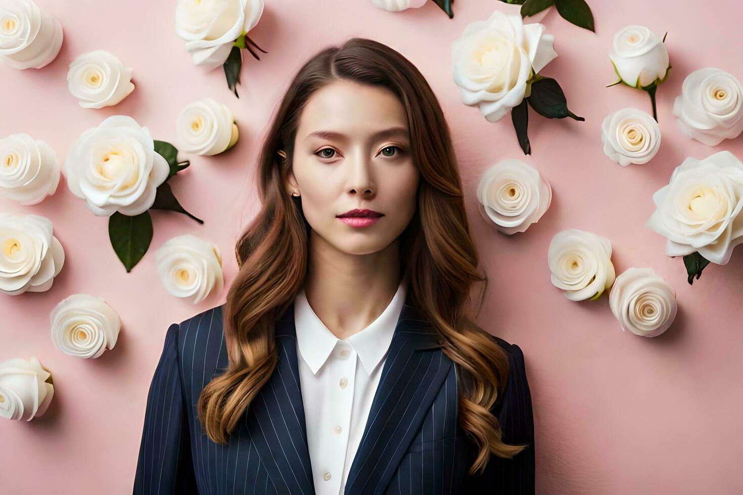 a woman in a suit and tie standing in front of white roses. AI-Generated photo