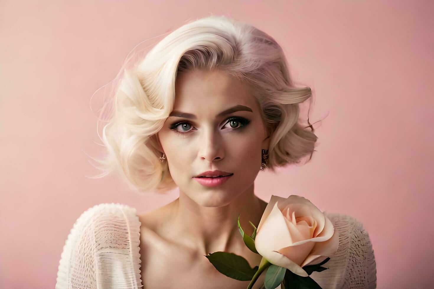 a woman with blonde hair and a rose. AI-Generated photo
