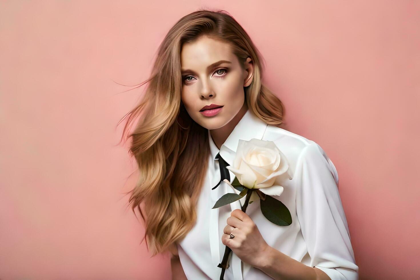 beautiful woman with long hair holding a rose. AI-Generated photo