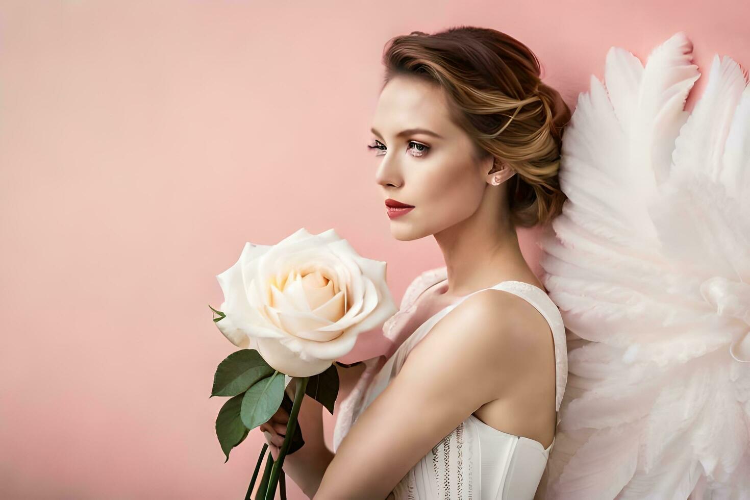 beautiful woman with angel wings holding rose. AI-Generated photo