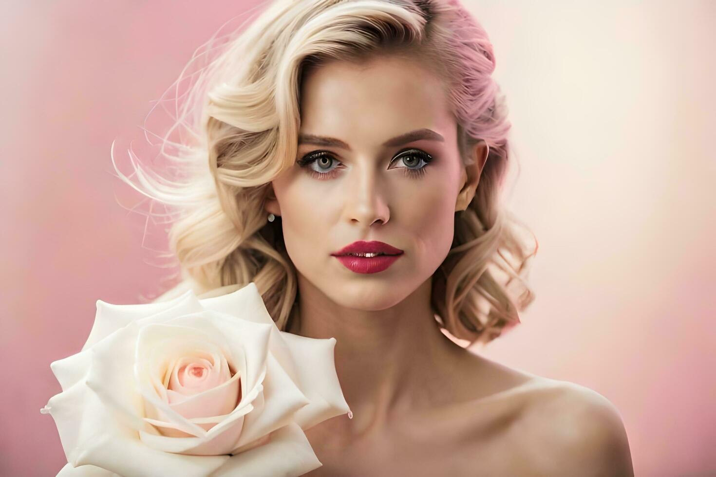 beautiful blonde woman with rose on pink background. AI-Generated photo