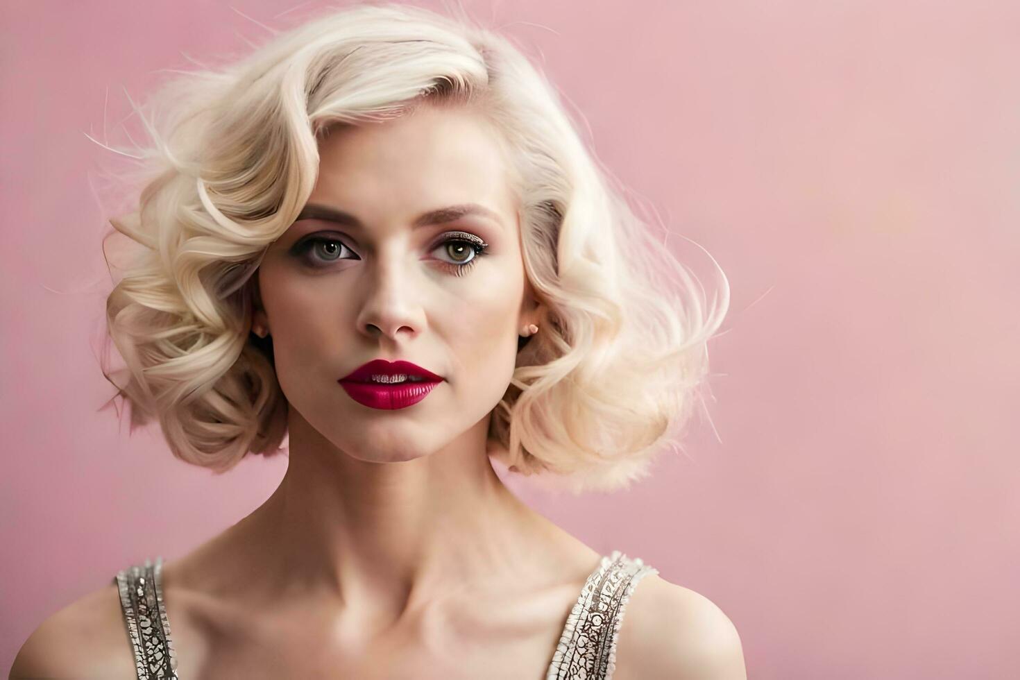 a beautiful blonde woman with short hair and red lipstick. AI-Generated photo