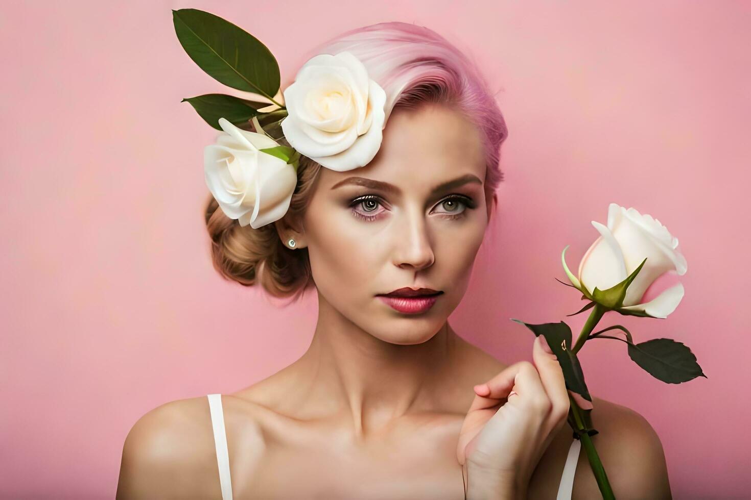 hermosa mujer con rosado pelo y blanco rosas. generado por ai foto