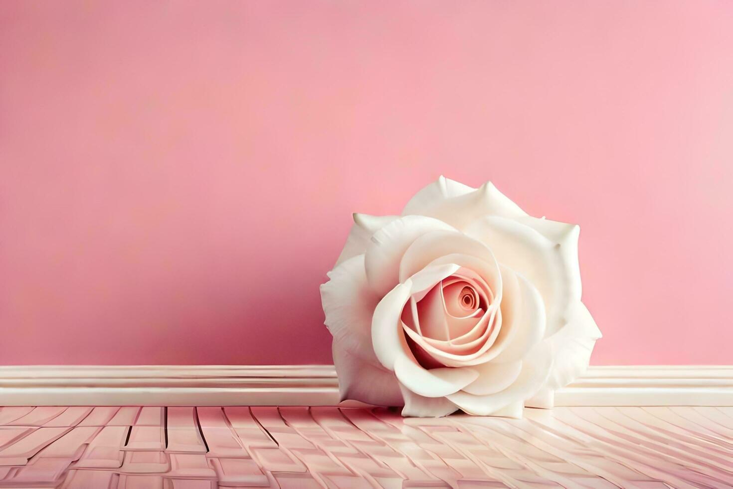 a white rose sitting on a wooden floor in front of a pink wall. AI-Generated photo