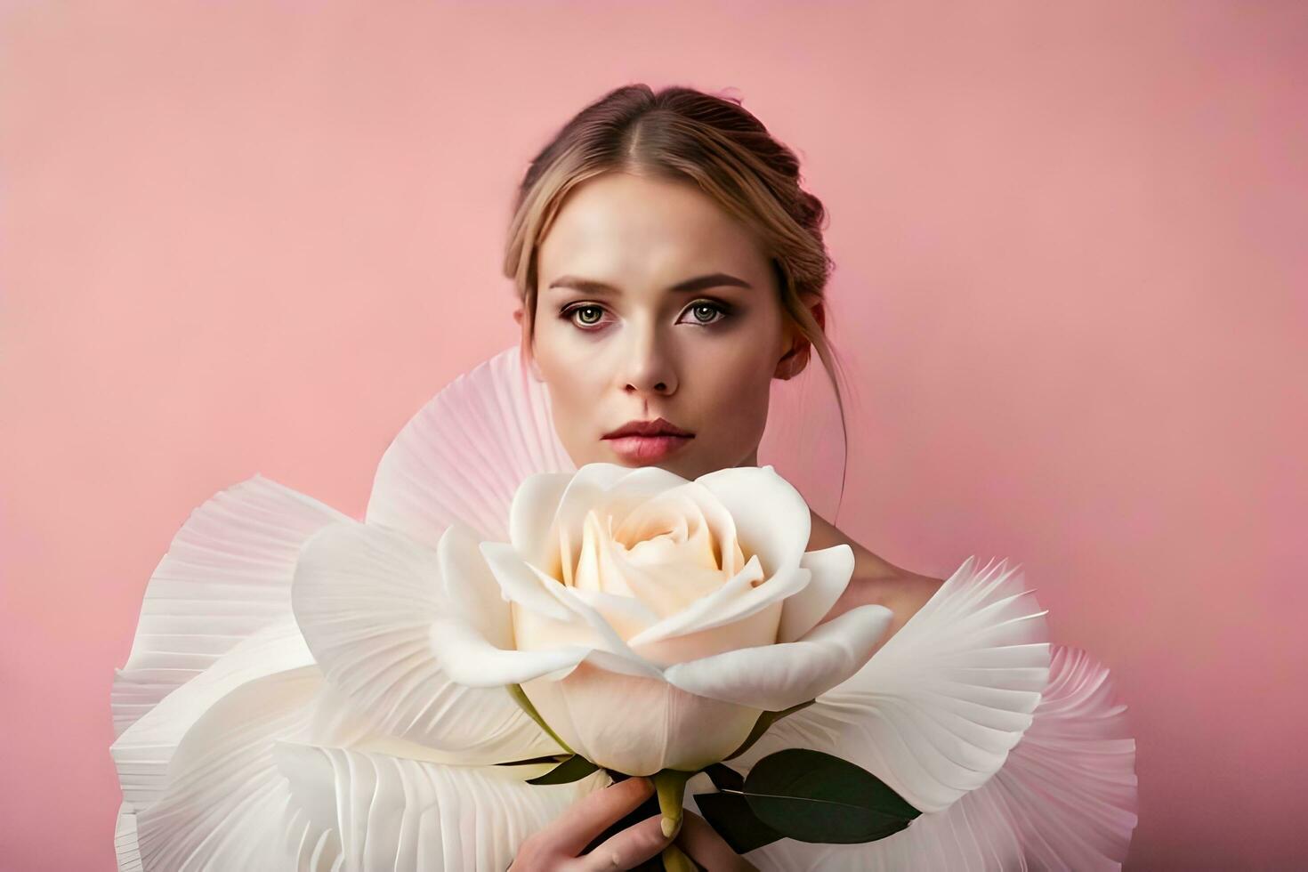 beautiful woman with white rose on pink background. AI-Generated photo
