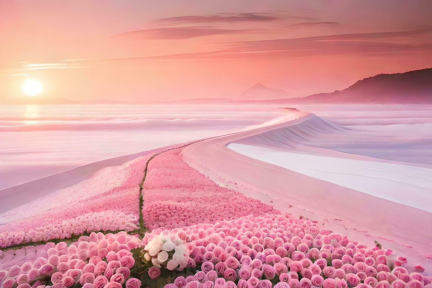 a road with pink flowers and a sunset in the background. AI-Generated photo