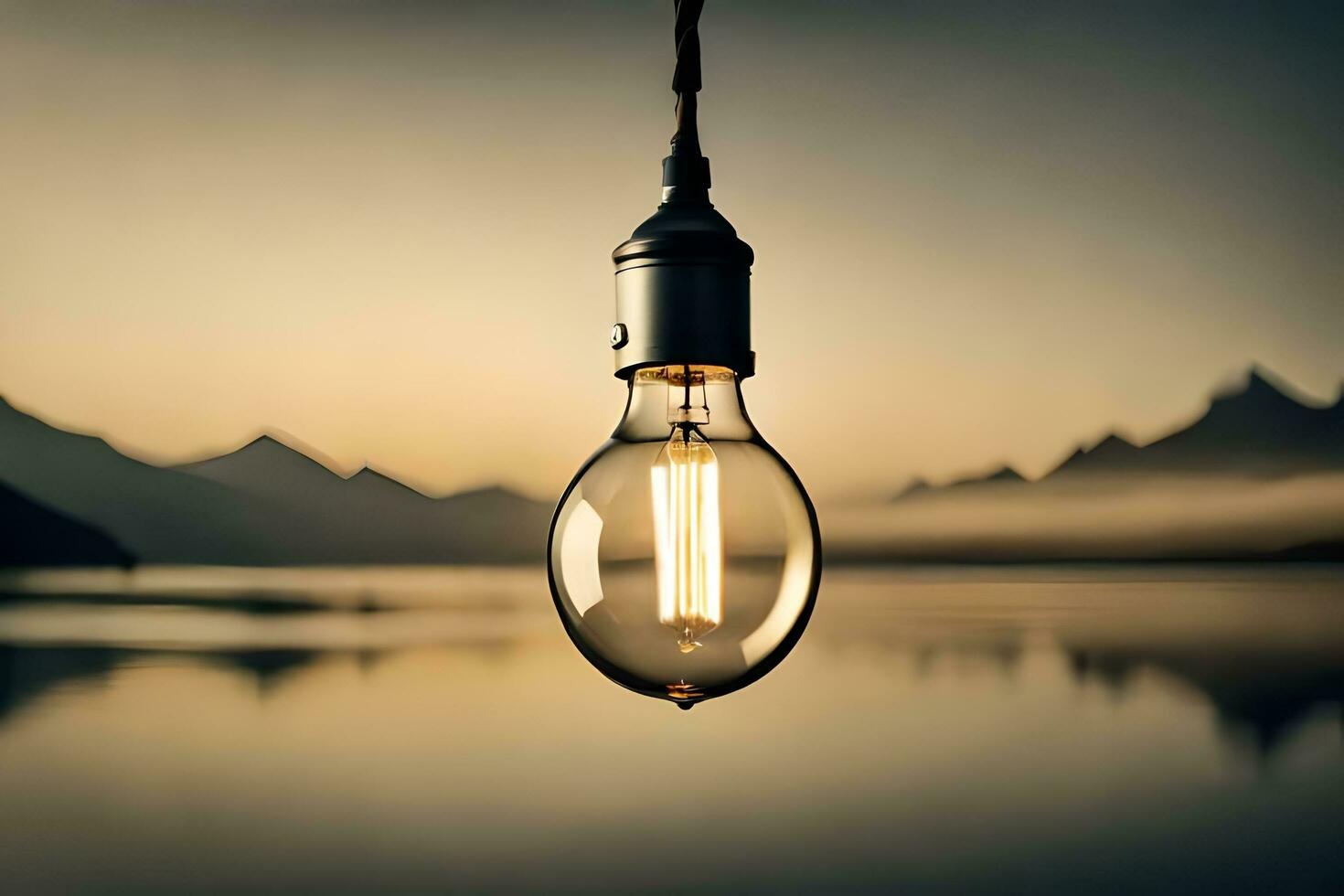 a light bulb hanging over a lake with mountains in the background. AI-Generated photo