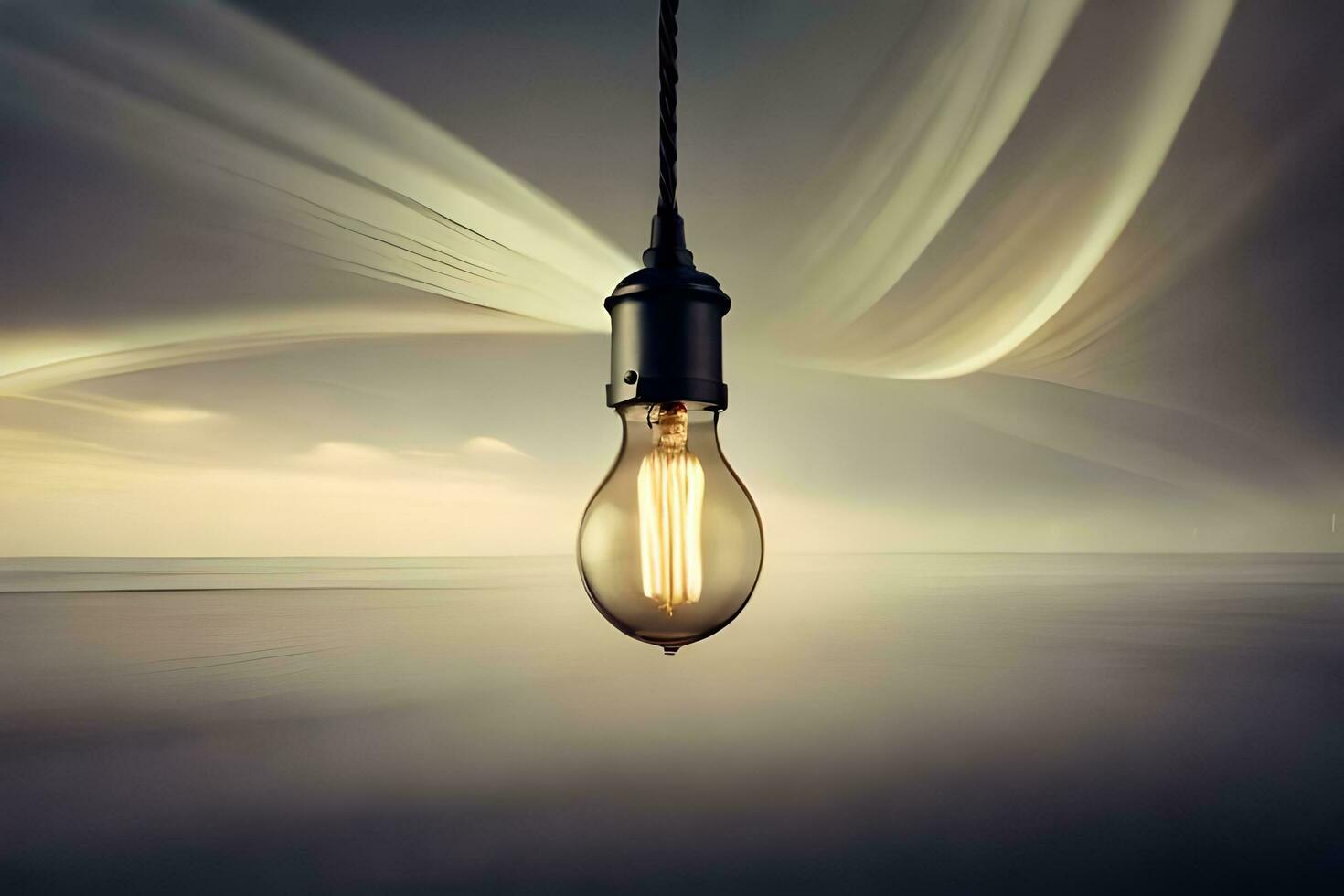 a light bulb is hanging from a wire over the ocean. AI-Generated photo