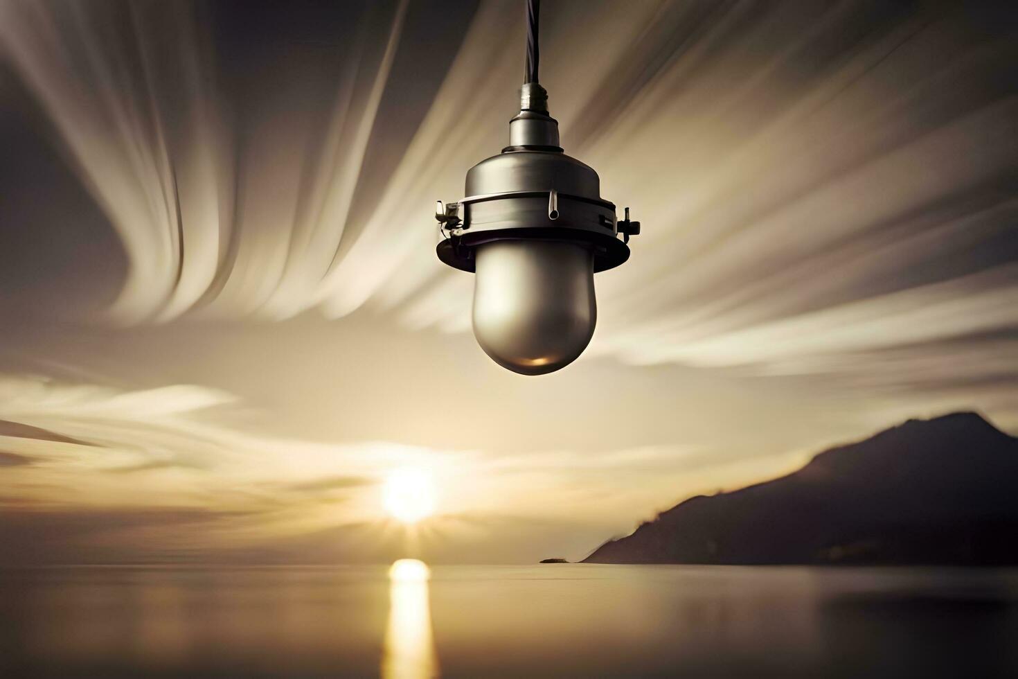 a lamp hanging over the water at sunset. AI-Generated photo