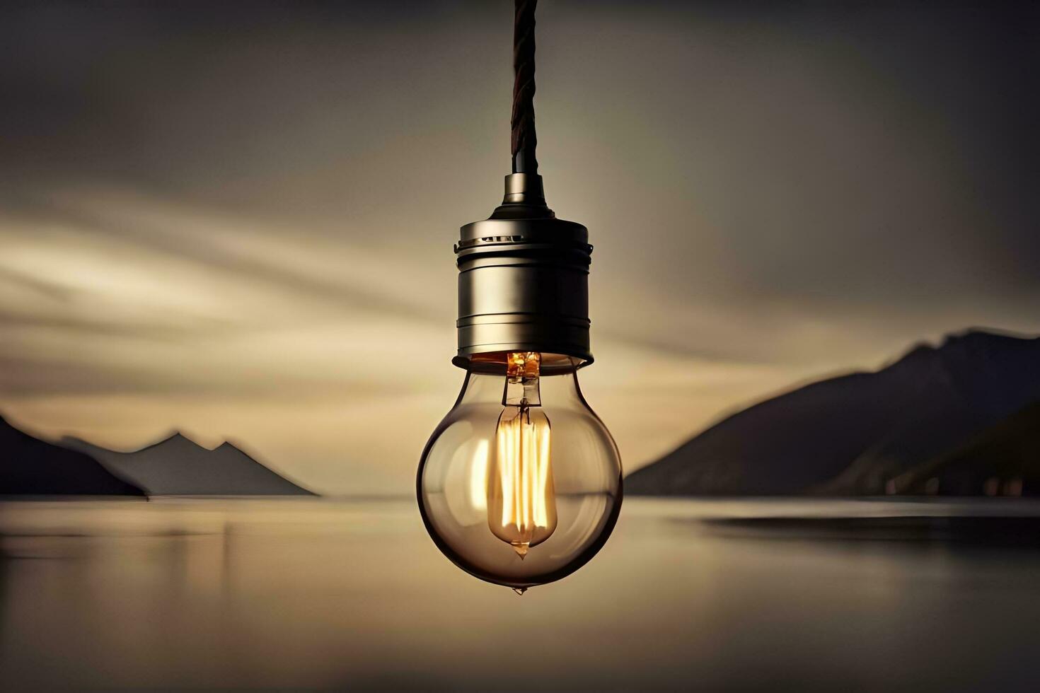 a light bulb hanging over the water with mountains in the background. AI-Generated photo