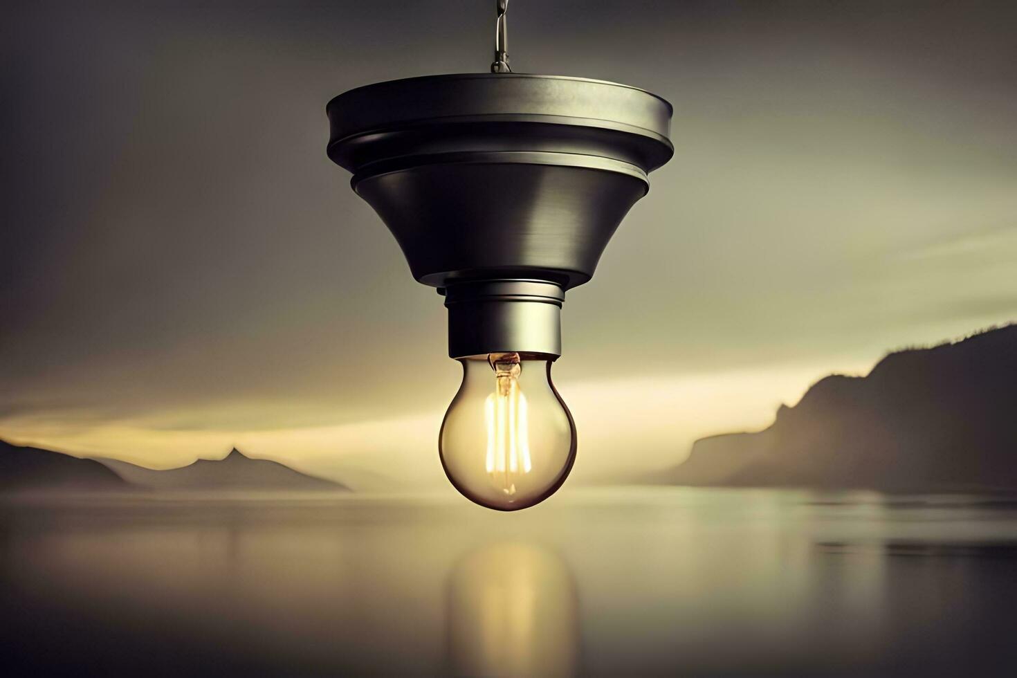 a light bulb is hanging from a ceiling over a body of water. AI-Generated photo