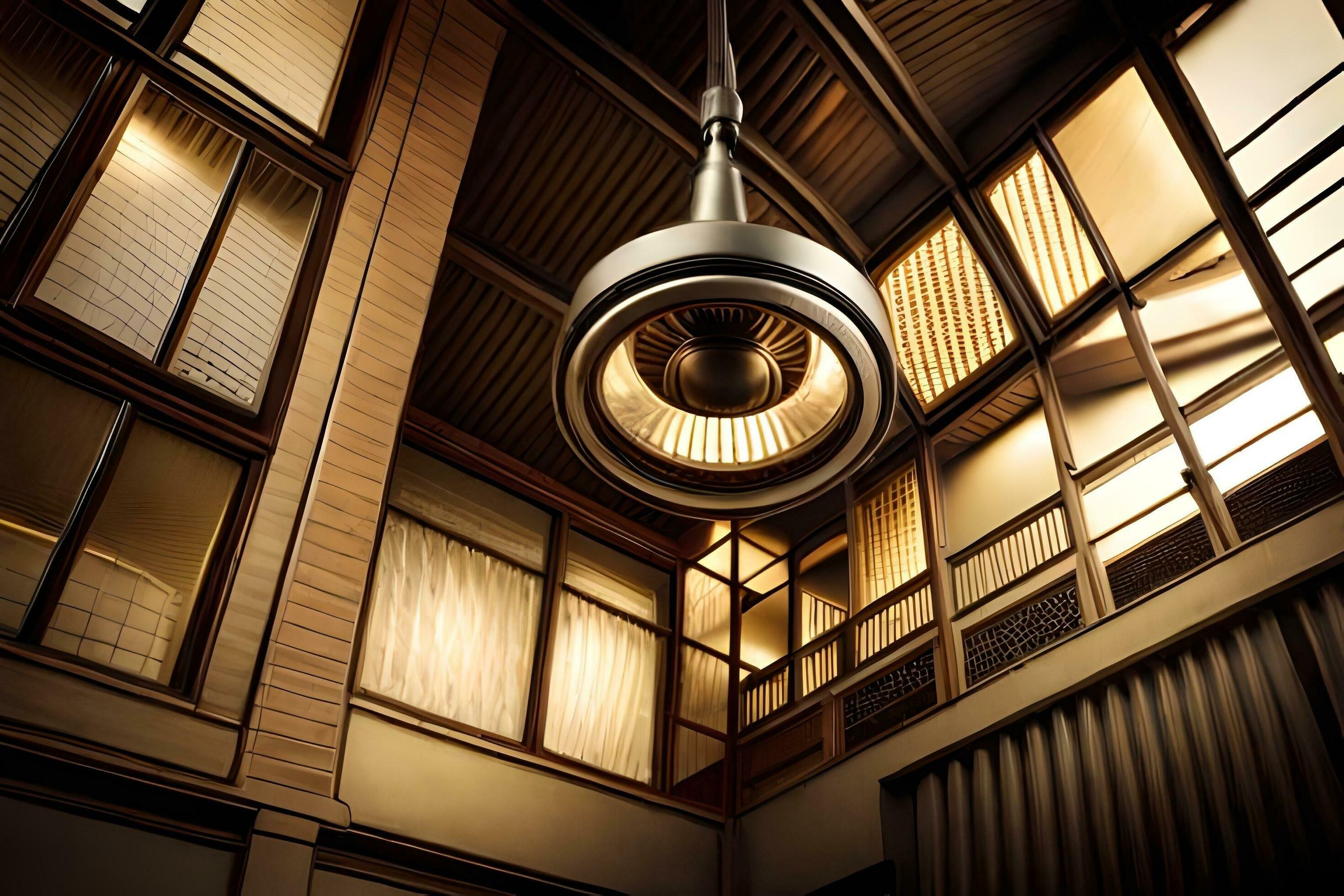 a light fixture hangs from the ceiling in a building. AIGenerated