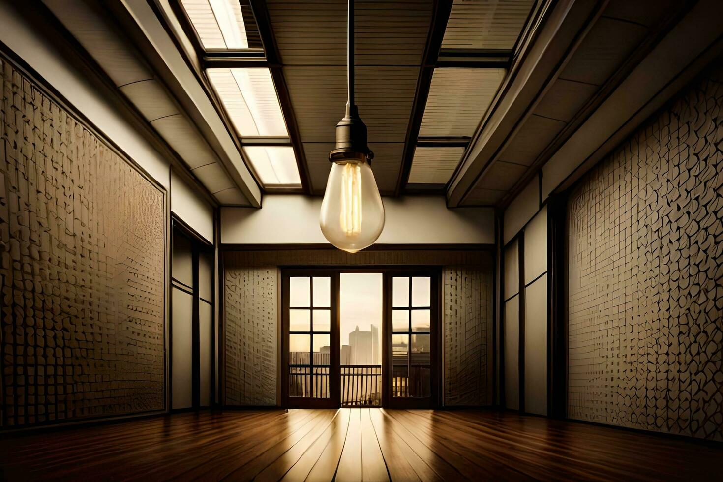 an empty room with a light bulb hanging from the ceiling. AI-Generated photo