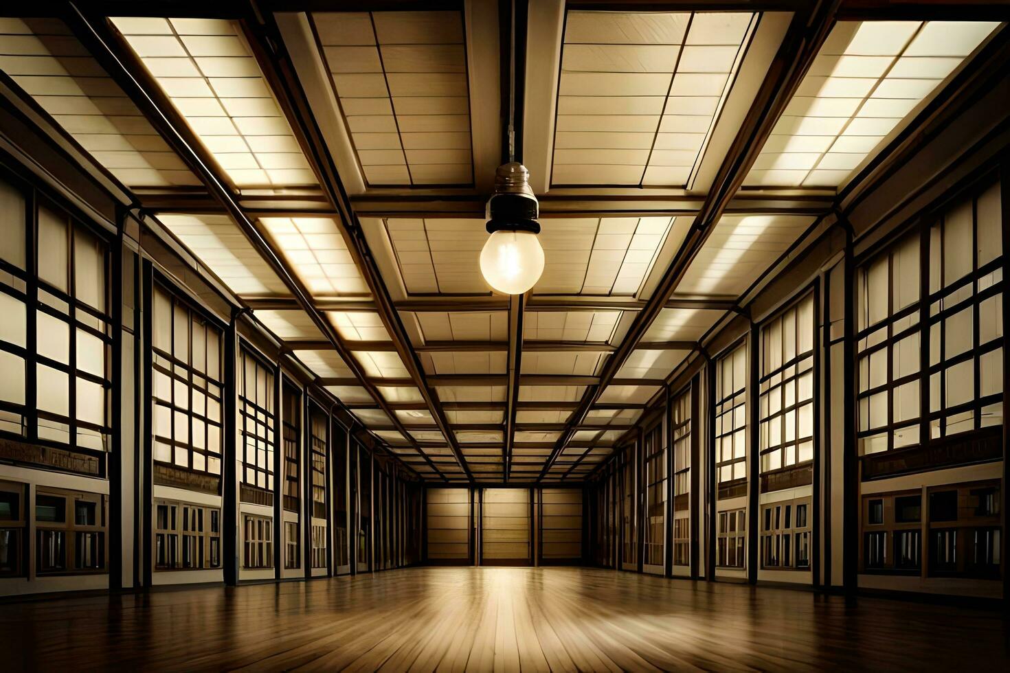 an empty room with a light bulb hanging from the ceiling. AI-Generated photo