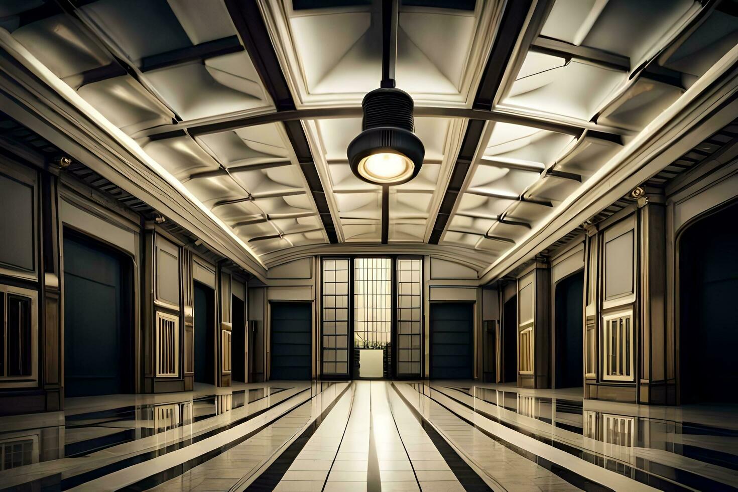 a long hallway with a light shining in the middle. AI-Generated photo