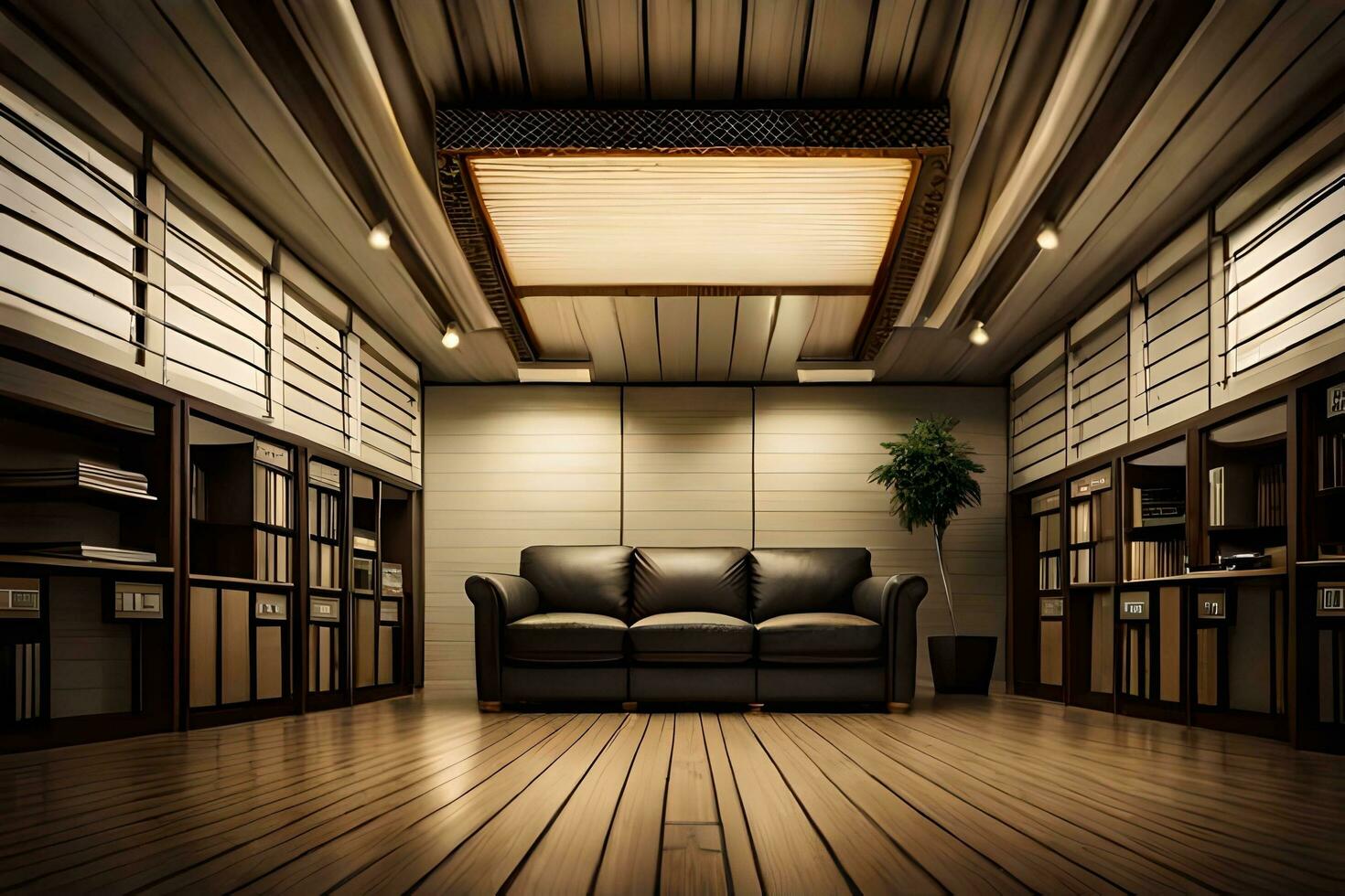 a room with a couch and bookshelves. AI-Generated photo