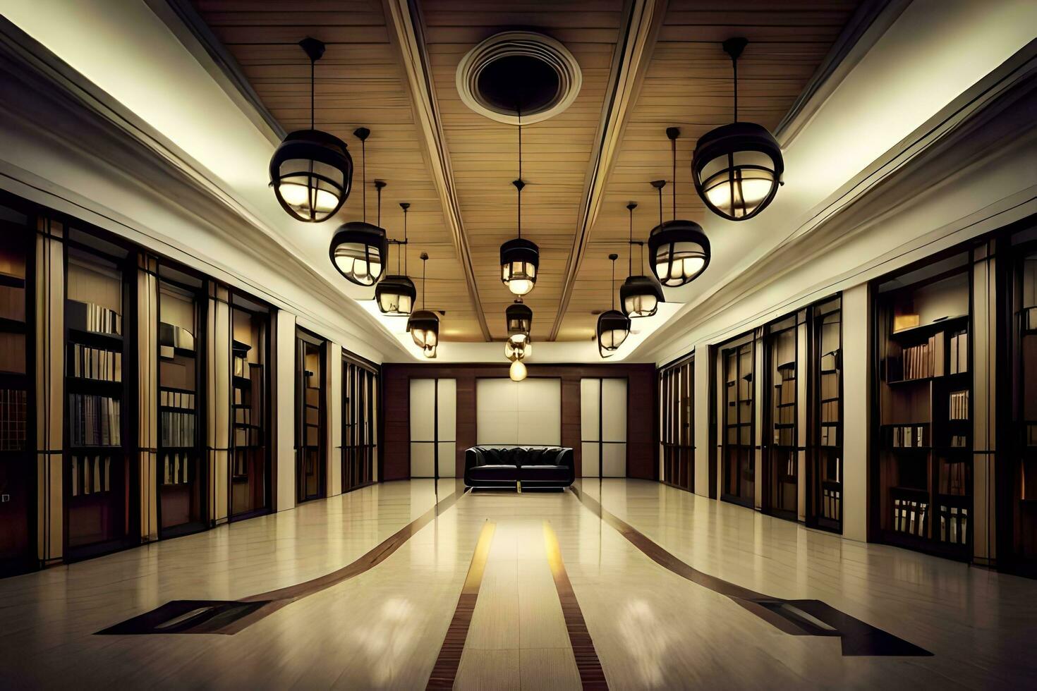 a long hallway with lots of bookshelves and lamps. AI-Generated photo