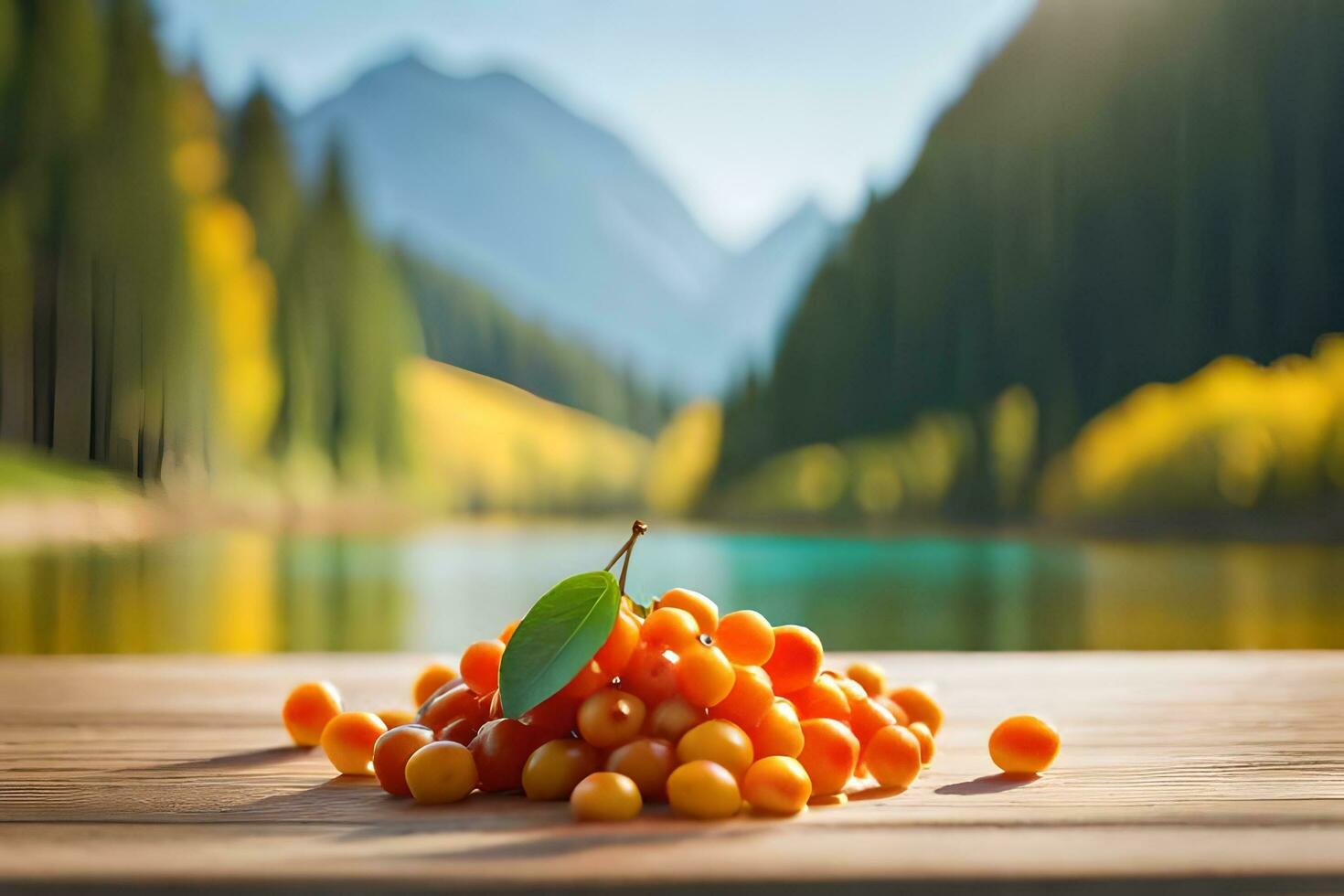 orange berries on a wooden table in front of a lake. AI-Generated photo