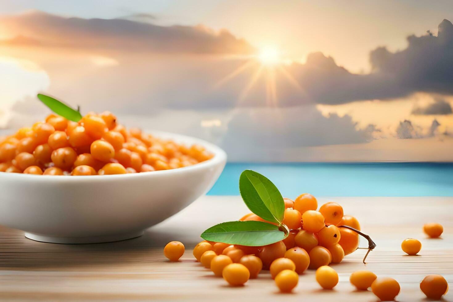 orange currants in bowl on wooden table with sea and sun. AI-Generated photo