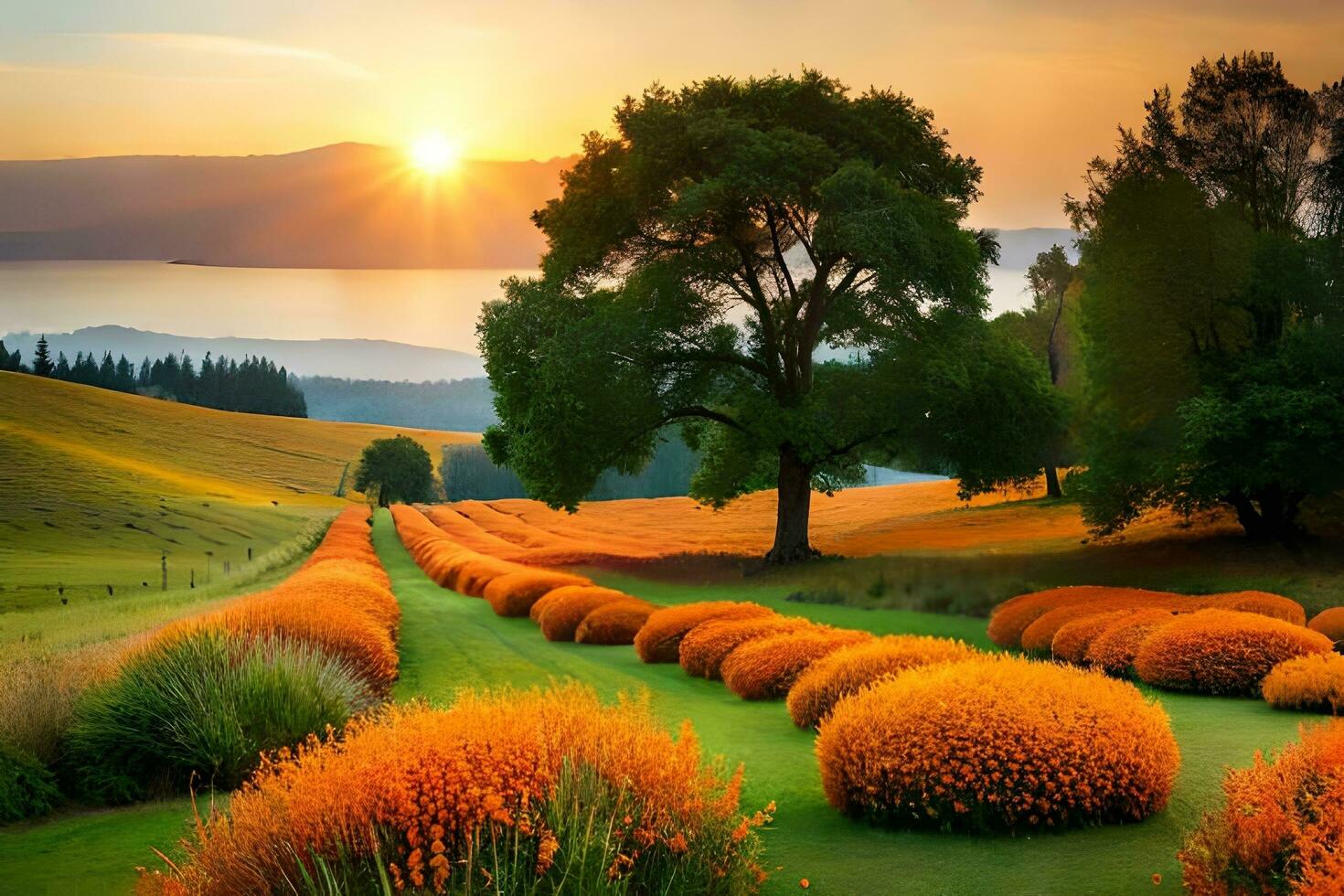 un hermosa puesta de sol terminado un campo de naranja flores generado por ai foto