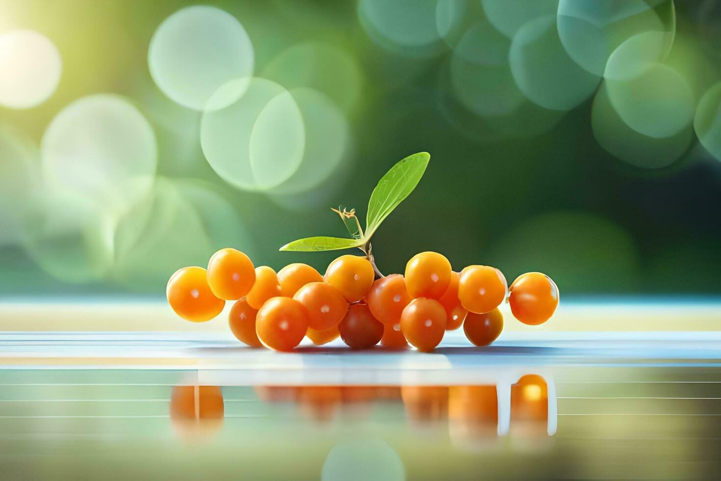 orange berries on a table with a green leaf. AI-Generated photo