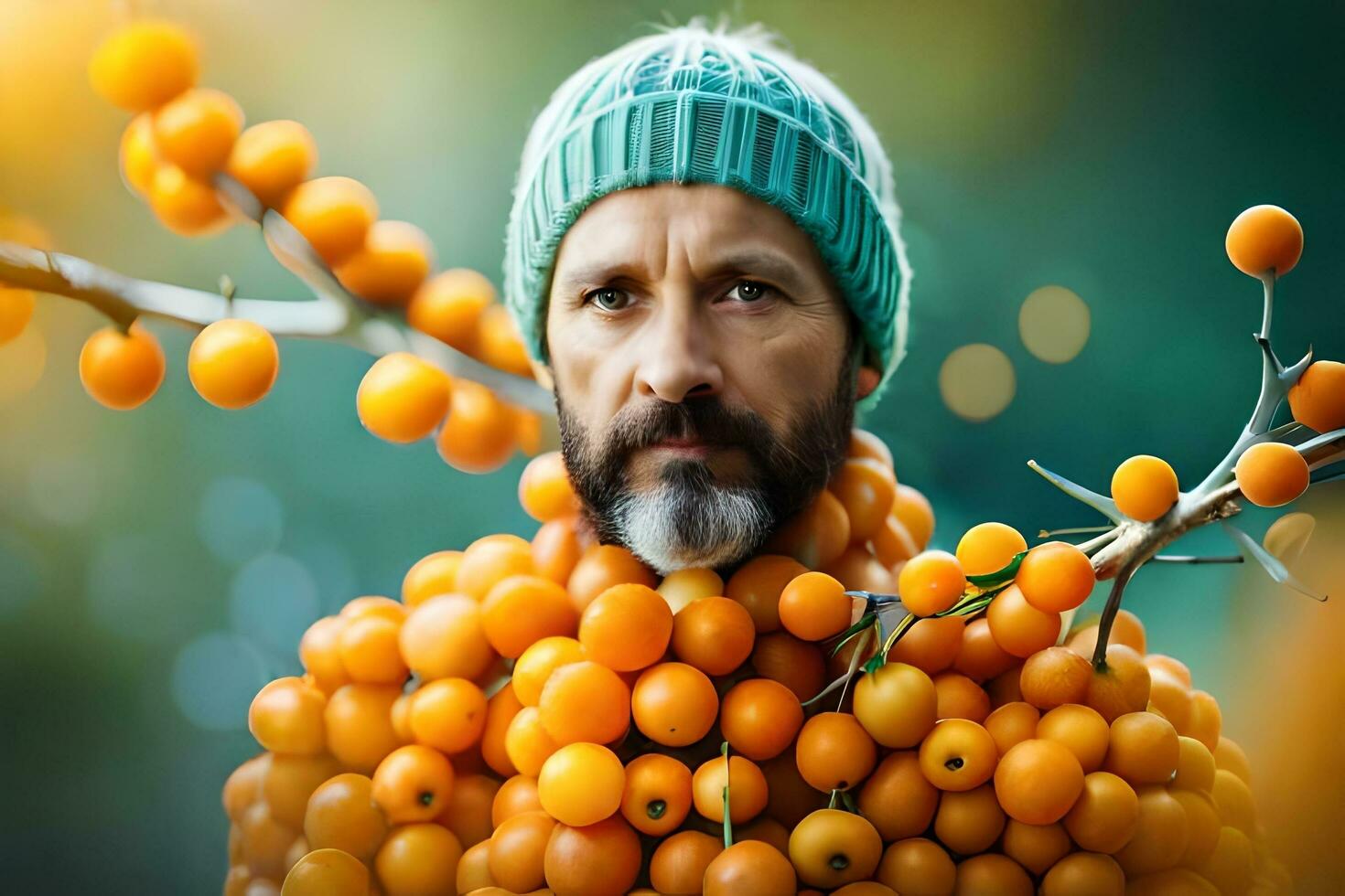 un hombre es rodeado por naranjas generado por ai foto
