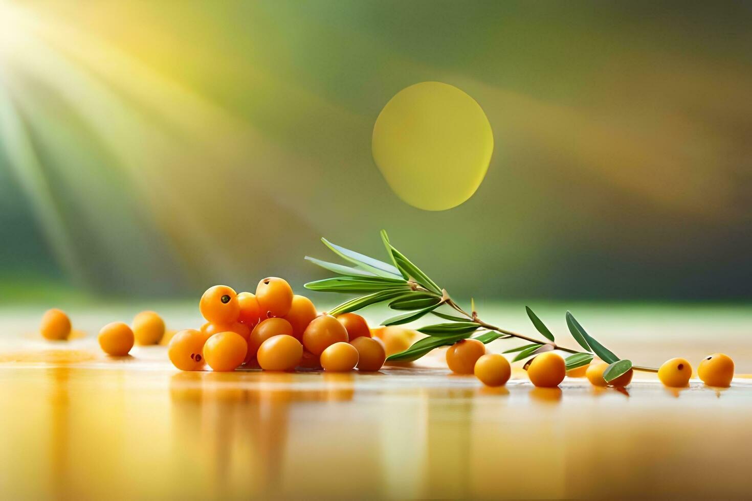 sea buckthorn berries on the table with sunlight. AI-Generated photo