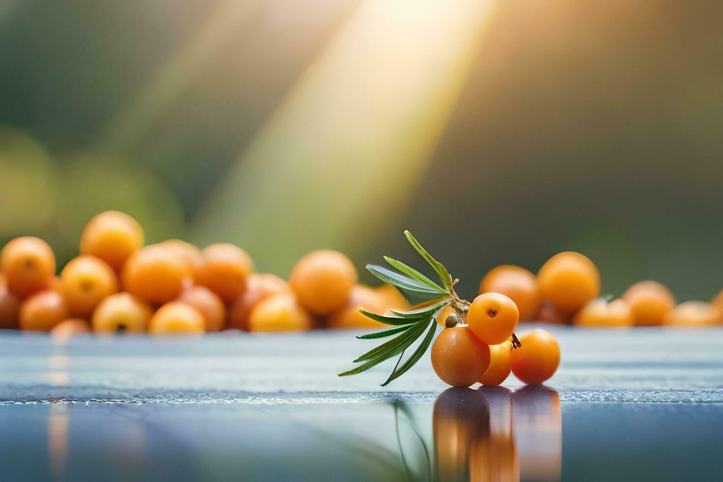 sea buckthorn berries on a table with sunlight. AI-Generated photo