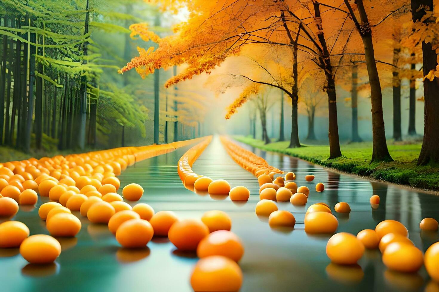 orange balls floating in a river with trees and trees. AI-Generated photo