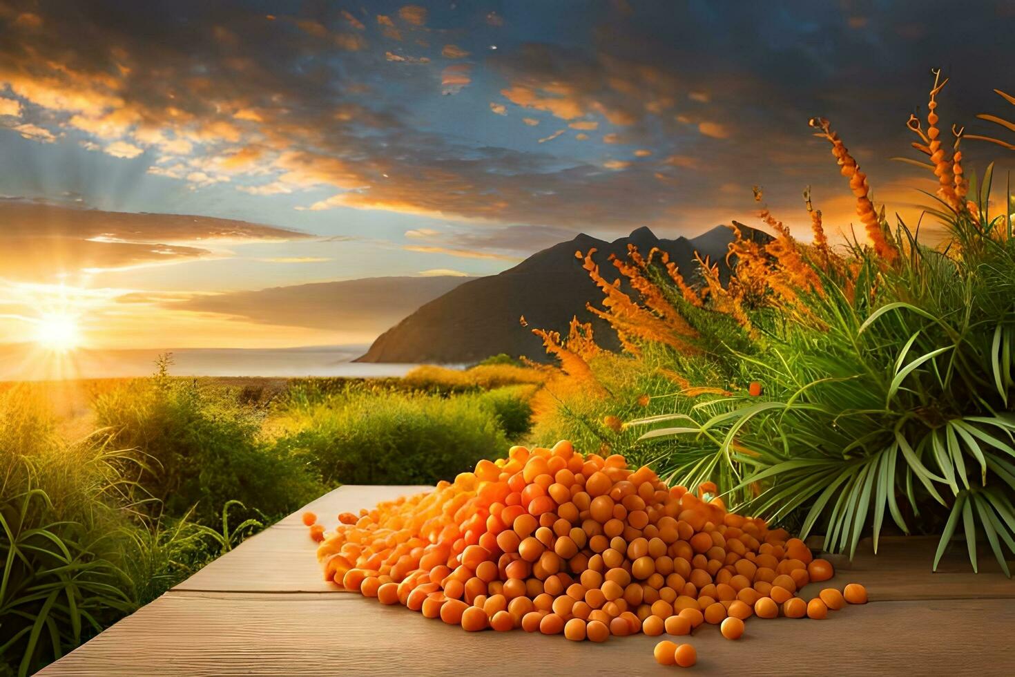 a pile of orange berries on a table in front of a sunset. AI-Generated photo