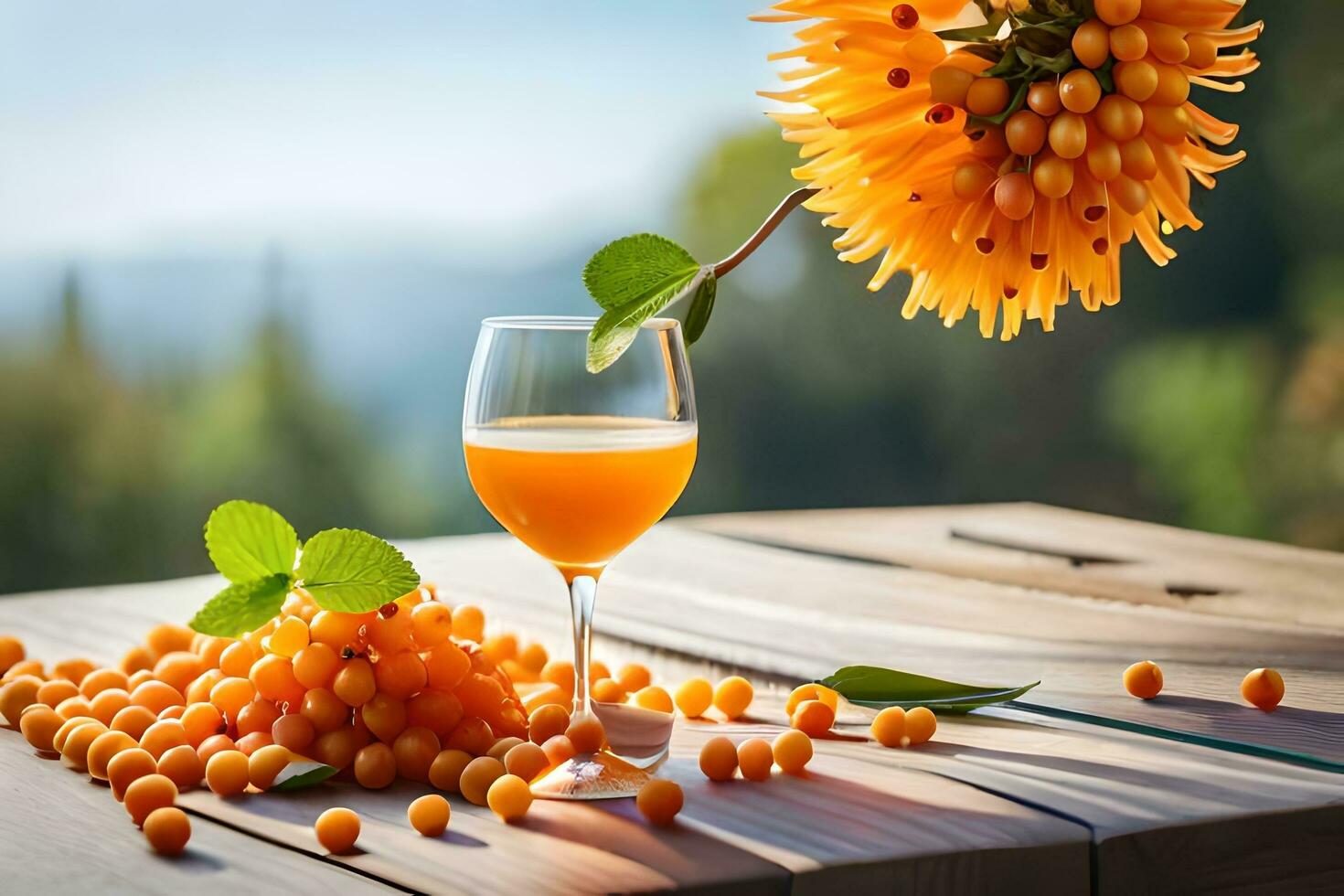 sea buckthorn juice on wooden table with orange fruit. AI-Generated photo