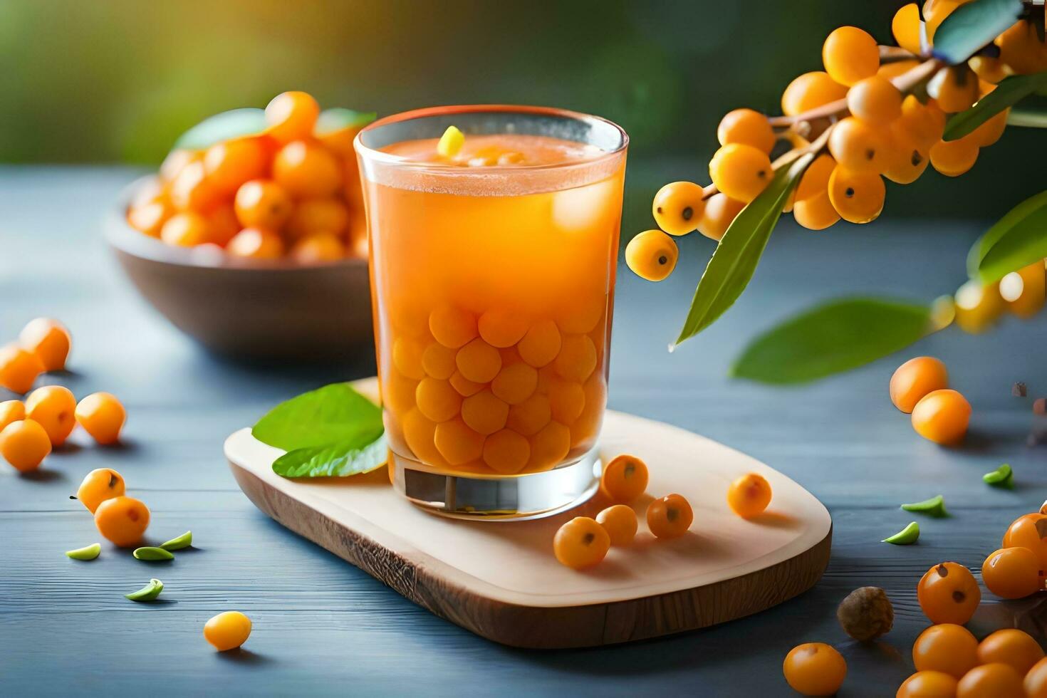sea buckthorn juice with sea buckthorn berries on a wooden table. AI-Generated photo