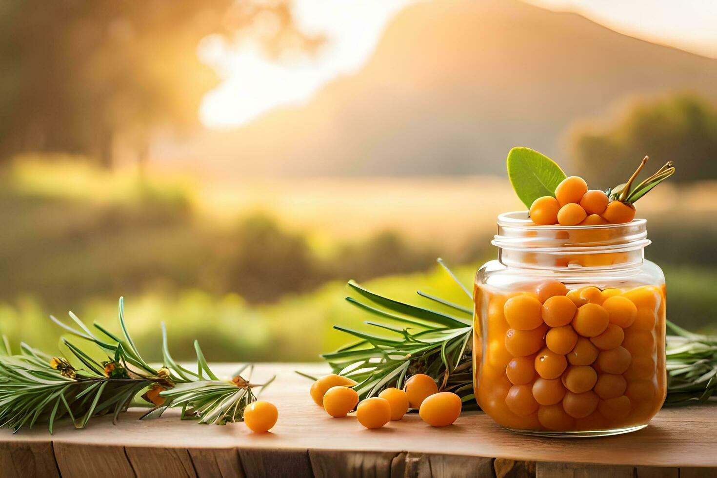 sea buckthorn berries in a jar on a table. AI-Generated photo