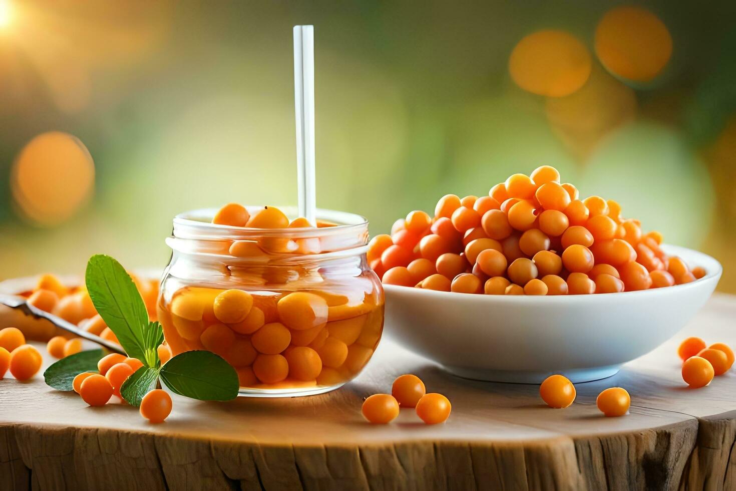 sea buckthorn berries in a bowl and a glass jar on a wooden table. AI-Generated photo