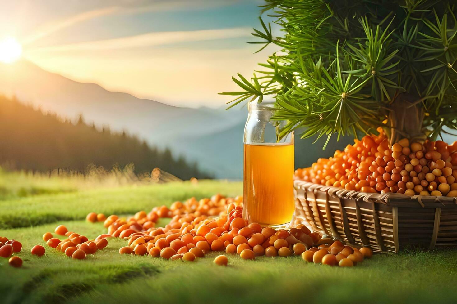 sea buckthorn berries in basket with sun setting in the background. AI-Generated photo