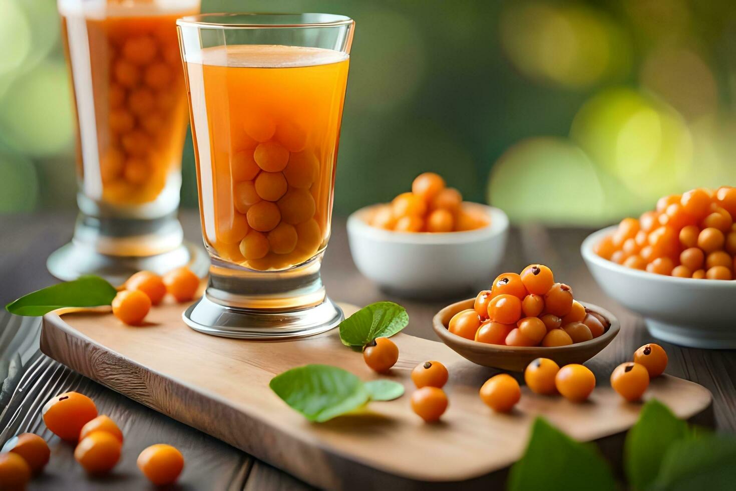 orange juice and berries on a wooden table. AI-Generated photo