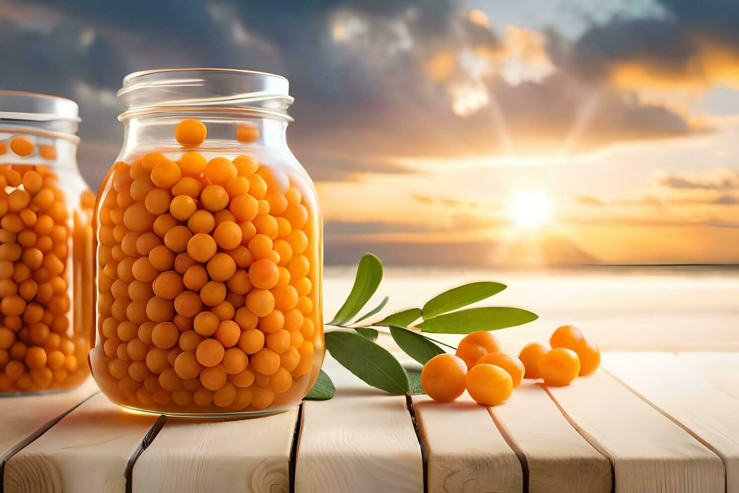 sea buckthorn berries in glass jars on wooden table with sunset background. AI-Generated photo