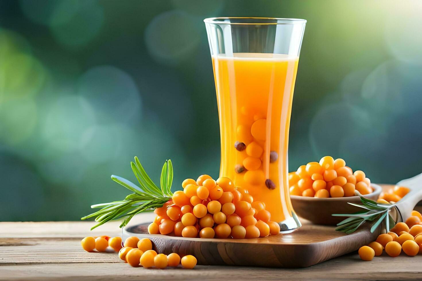 sea buckthorn juice with sea buckthorn berries on wooden table. AI-Generated photo