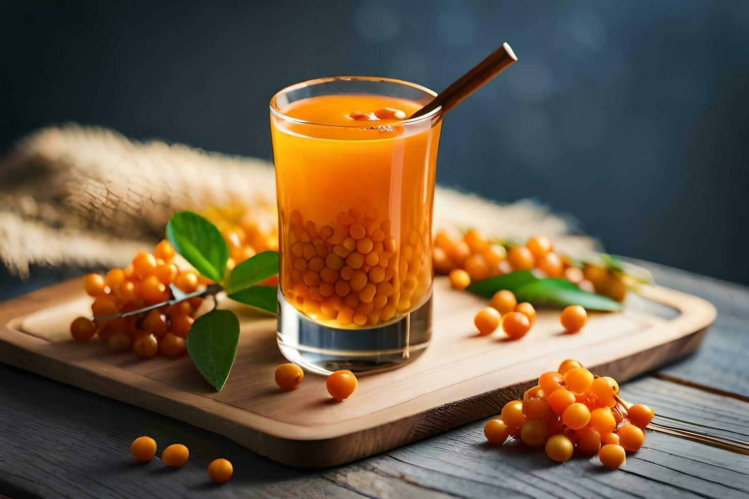a glass of orange juice with berries on a wooden table. AI-Generated photo
