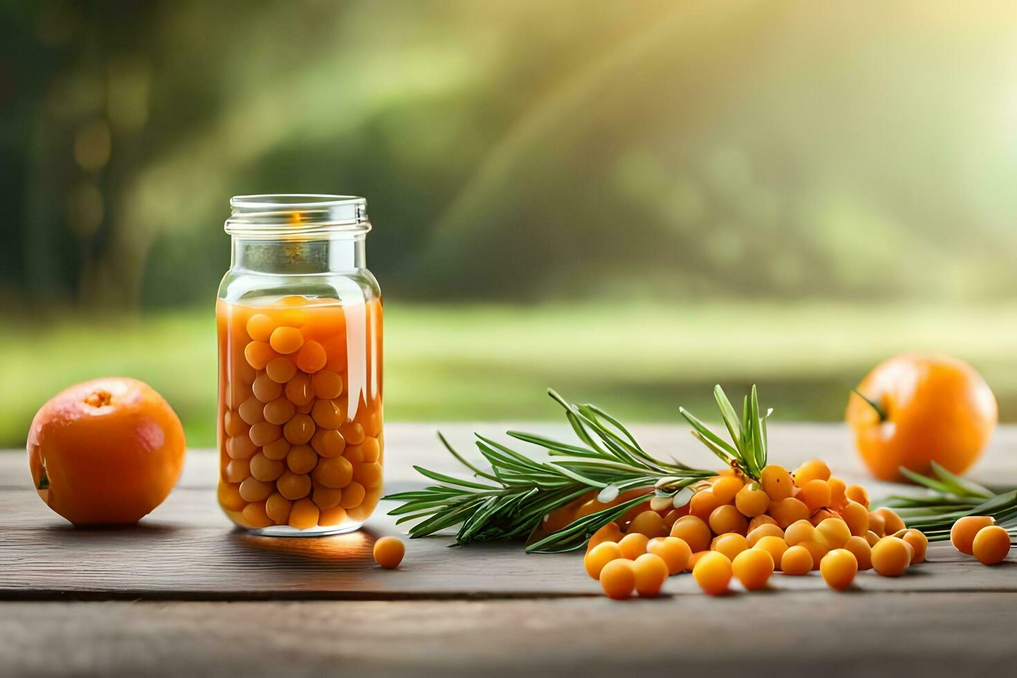 orange juice and sea buckthorn berries on a table. AI-Generated photo