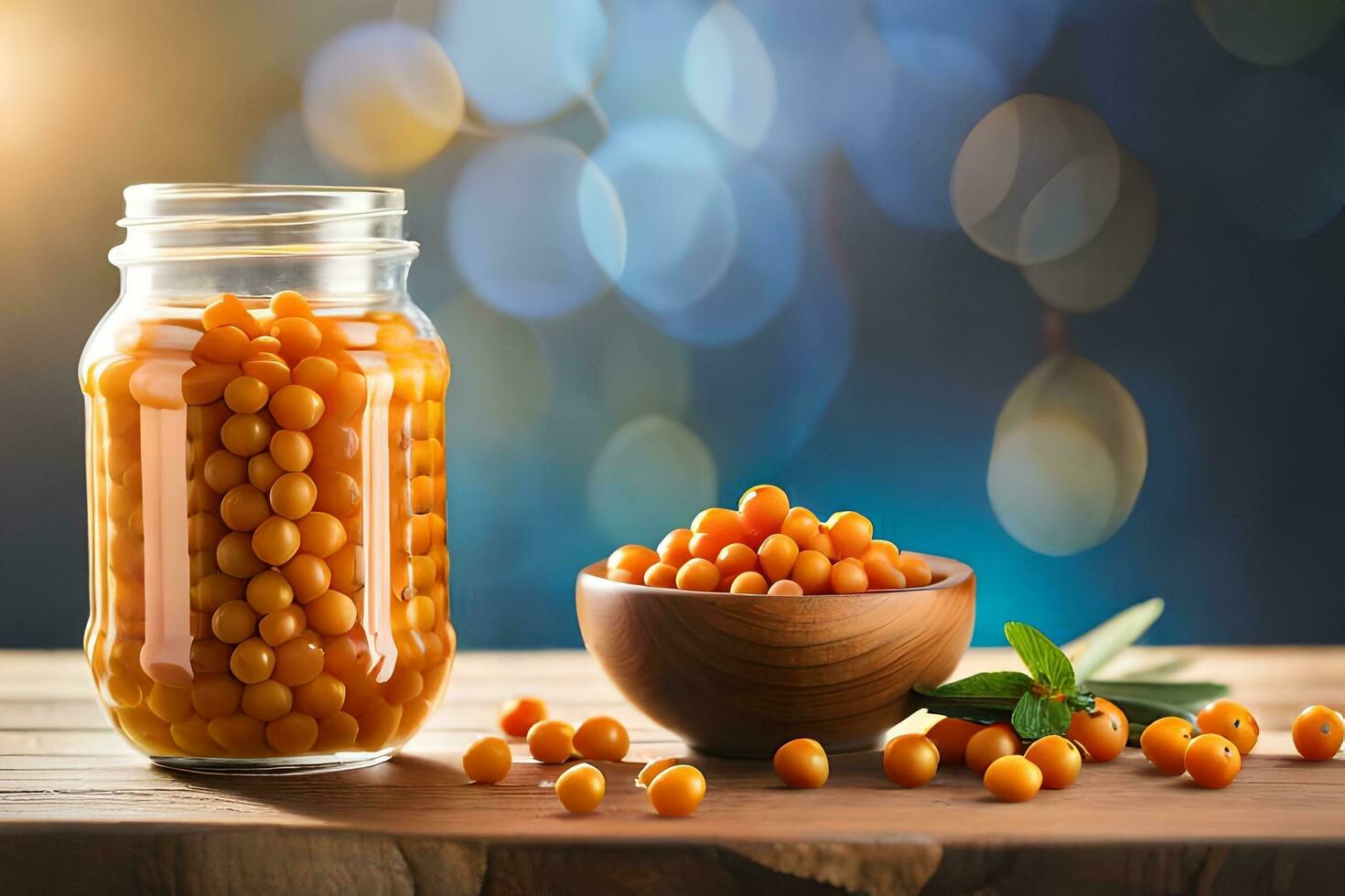 orange sea buckthorn berries in a jar and a bowl on a wooden table with a blue. AI-Generated photo