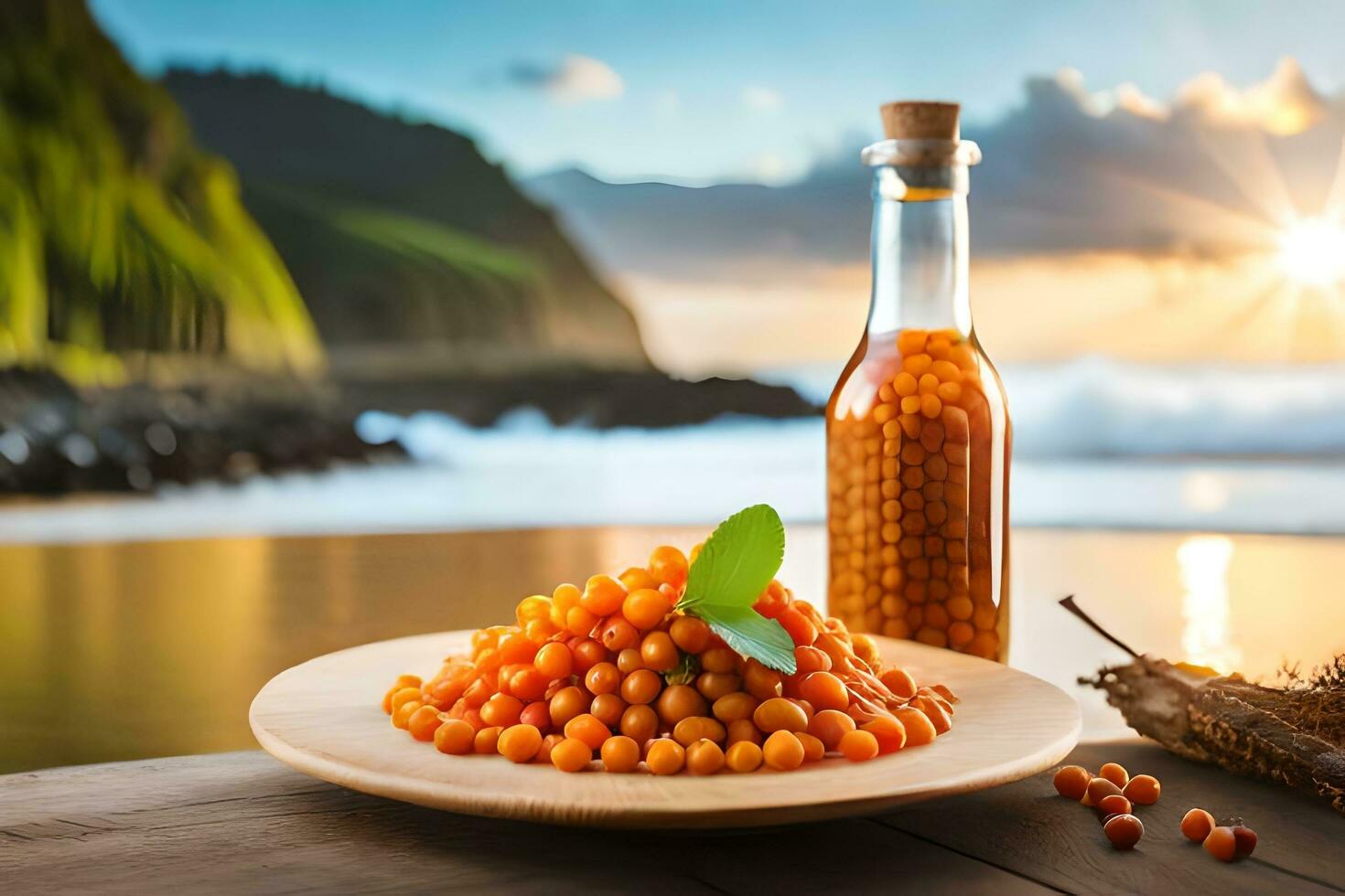 orange sea scallops on a plate with a bottle of sea salt on the table. AI-Generated photo