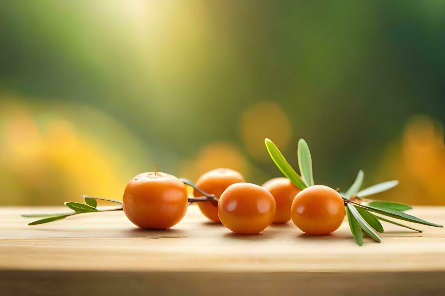 orange berries on wooden table with green background. AI-Generated photo