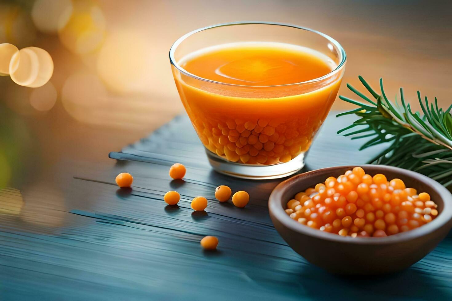 caviar and orange juice on a wooden table. AI-Generated photo