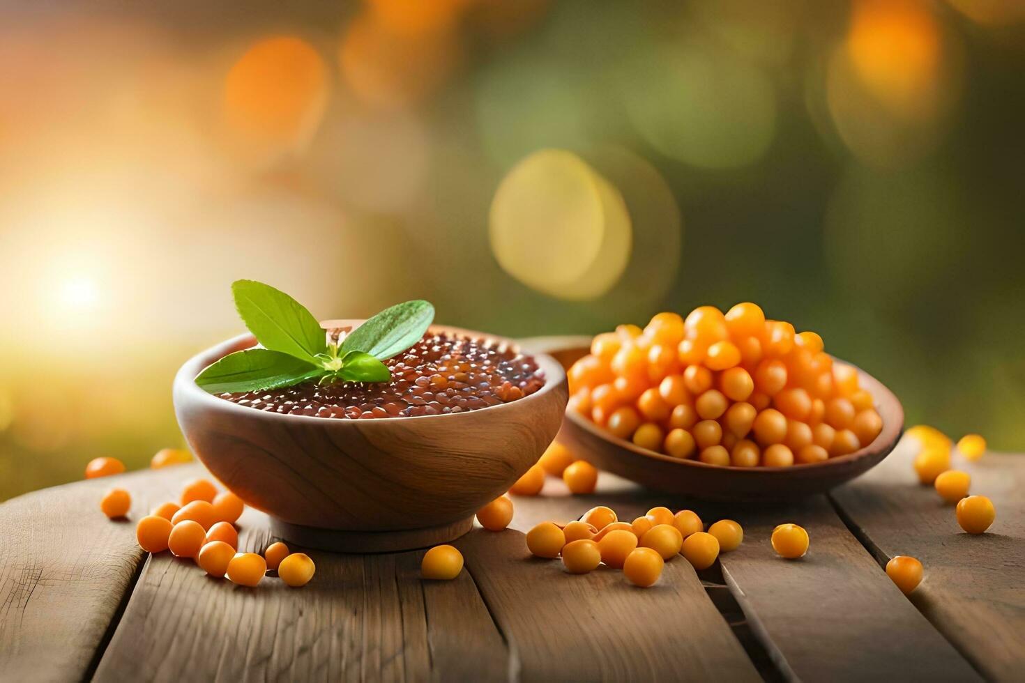 sea buckthorn berries in wooden bowl on wooden table with blurred background. AI-Generated photo