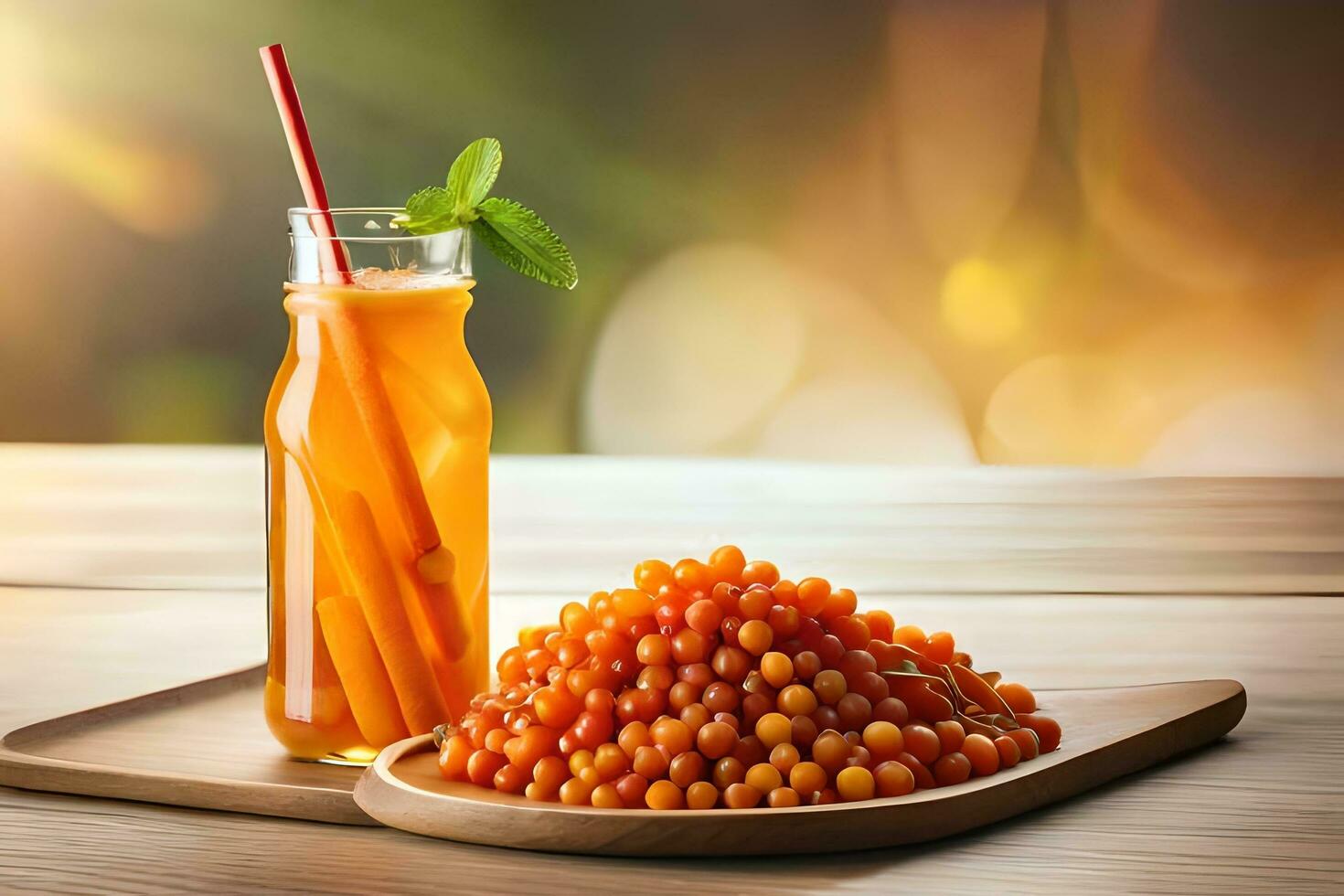 orange marinated fish with a glass of juice on a wooden table. AI-Generated photo