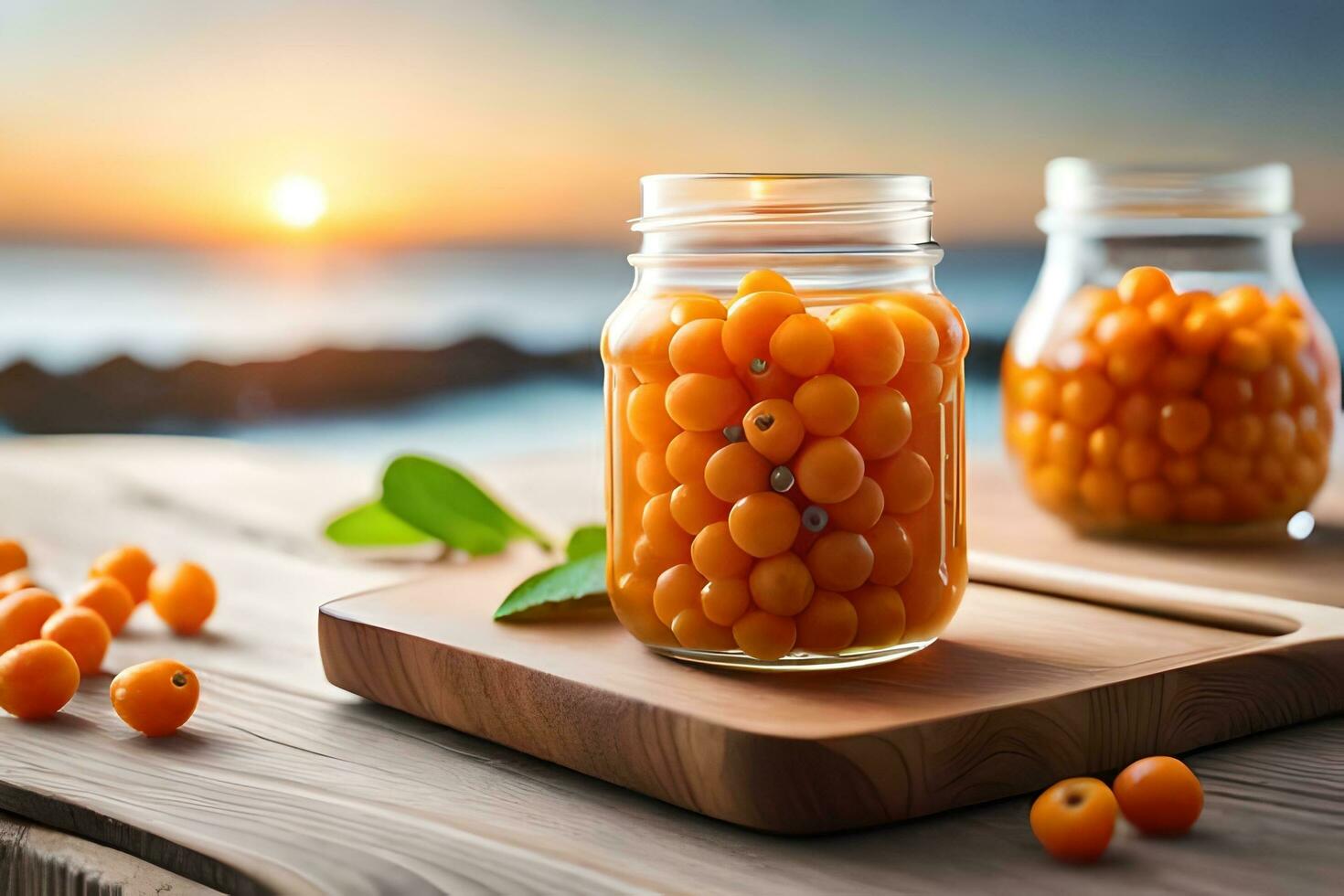 orange currants in jars on a wooden table. AI-Generated photo
