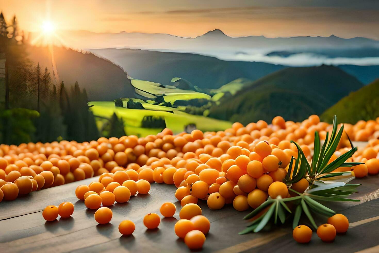 sea buckthorn berries on a table in the mountains. AI-Generated photo