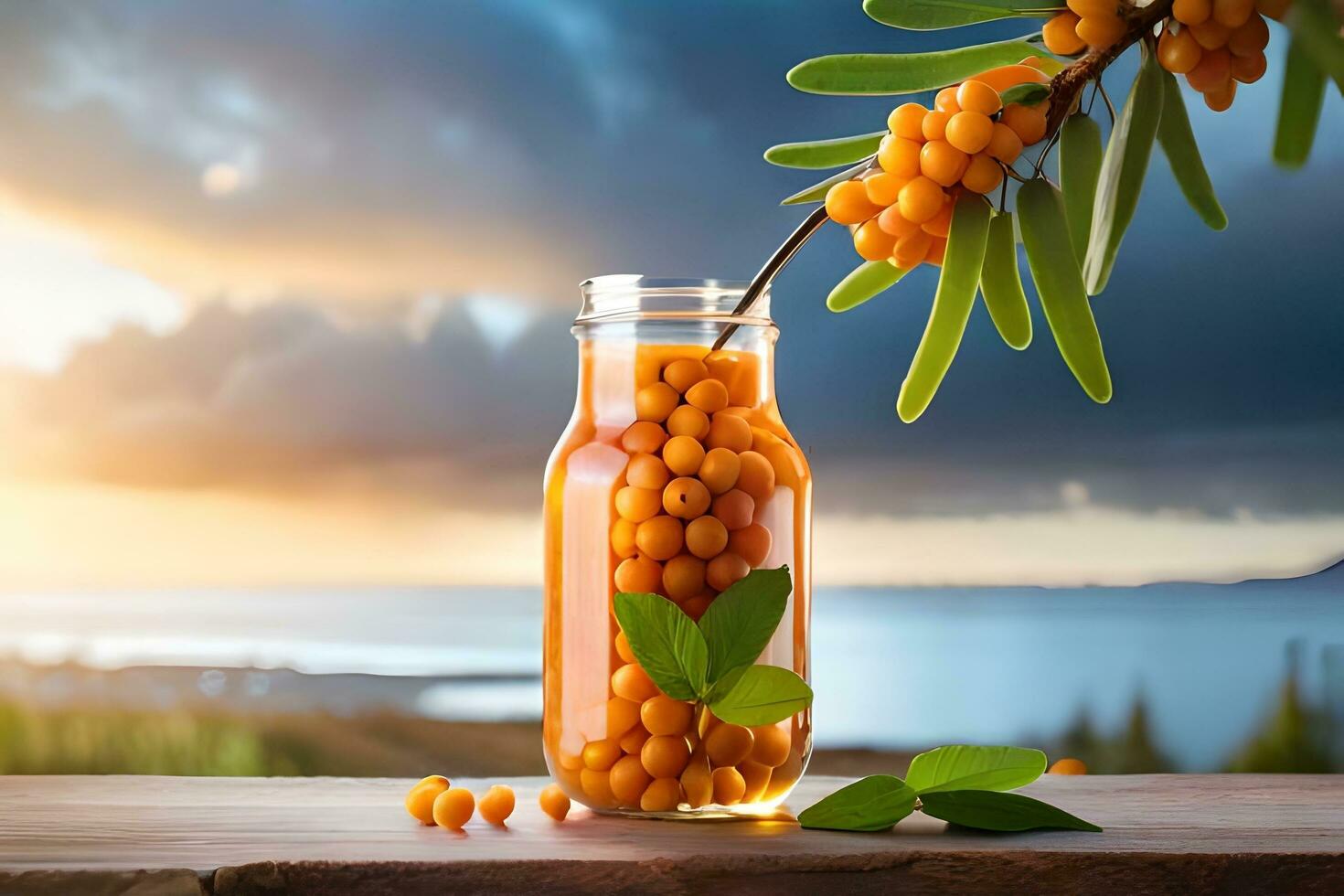 sea buckthorn berries in a glass jar on a wooden table with sea in the background. AI-Generated photo